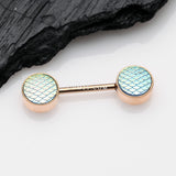 Detail View 1 of A Pair of Rose Gold Iridescent Mermaid Scale Nipple Barbell-Iridescent Aqua