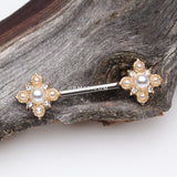 Detail View 1 of A Pair of Golden Vintage Pearlescent Sparkle Floral Nipple Barbell-Clear Gem/White