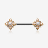 A Pair of Golden Vintage Pearlescent Sparkle Floral Nipple Barbell-Clear Gem/White