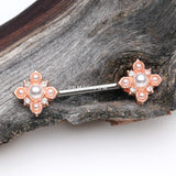 Detail View 1 of A Pair of Rose Gold Vintage Pearlescent Sparkle Floral Nipple Barbell-Clear Gem/White