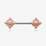 A Pair of Rose Gold Vintage Pearlescent Sparkle Floral Nipple Barbell-Clear Gem/White