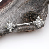 Detail View 1 of A Pair of Vintage Pearlescent Sparkle Floral Nipple Barbell-Clear Gem/White