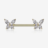 A Pair of Golden Brilliant Sparkle Marquise Butterfly Nipple Barbell