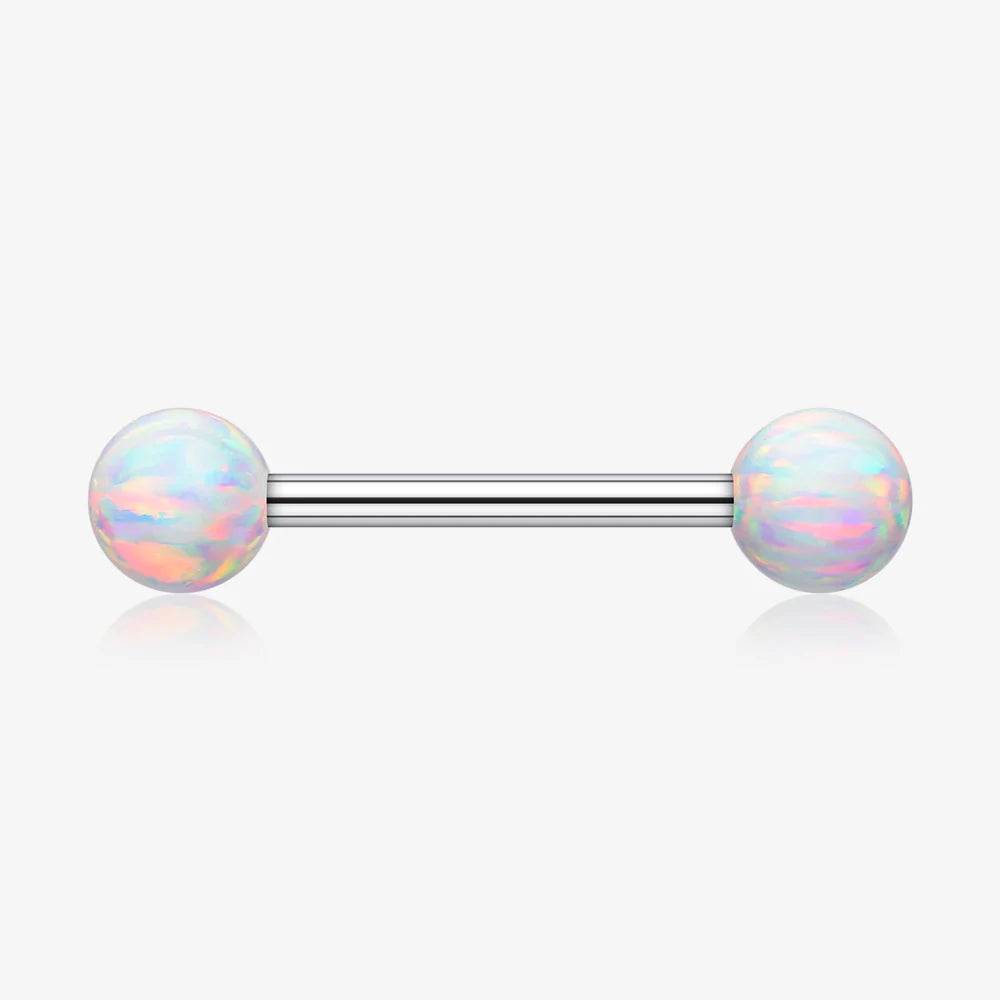 A Pair of Implant Grade Titanium Iridescent Fire Opal Ball Internally Threaded Nipple Barbell-White Opal