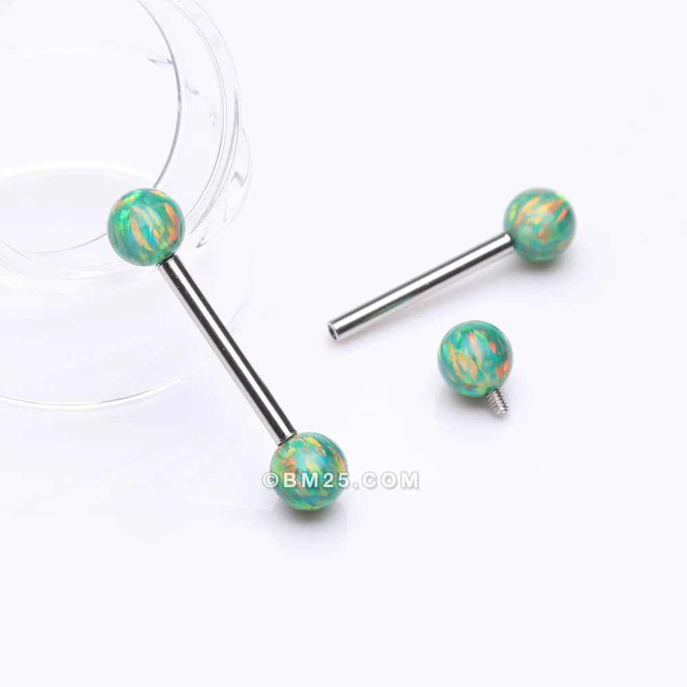 Detail View 1 of A Pair of Implant Grade Titanium Iridescent Fire Opal Ball Internally Threaded Nipple Barbell-Green Opal