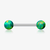 A Pair of Implant Grade Titanium Iridescent Fire Opal Ball Internally Threaded Nipple Barbell-Green Opal