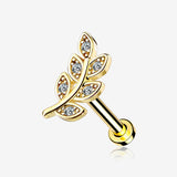 Golden Dainty Leaflet Sparkle Interally Threaded Labret-Clear Gem