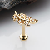 Detail View 1 of Golden Dainty Leaflet Sparkle Interally Threaded Labret-Clear Gem