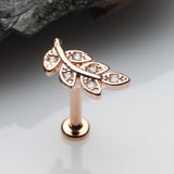 Detail View 1 of Rose Gold Dainty Leaflet Sparkle Interally Threaded Labret-Clear Gem
