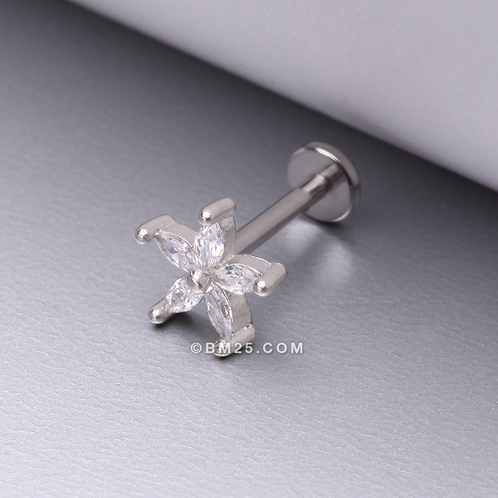 Detail View 1 of Marquise Flower Sparkle Top Internally Threaded Steel Flat Back Stud Labret-Clear Gem