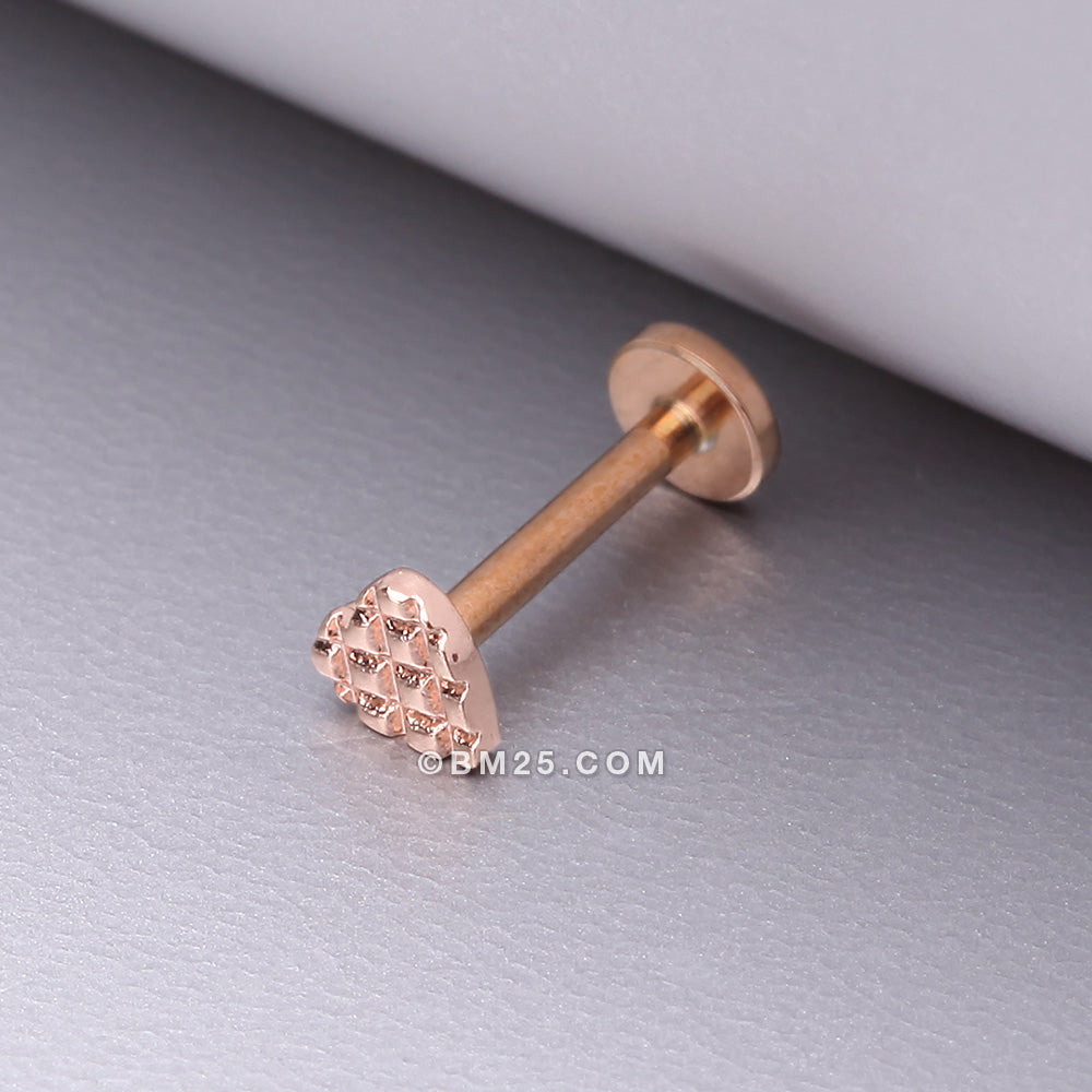 Detail View 1 of Rose Gold Adorable Heart Embossed Top Internally Threaded Steel Flat Back Stud Labret