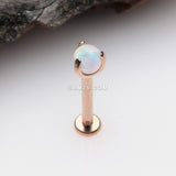 Detail View 1 of Rose Gold Fire Opal Claw Prong Set Sparkle Internally Threaded Labret-White Opal