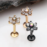 Detail View 2 of Golden Brilliant Sparkle Flower Top Internally Threaded Steel Labret-Clear Gem/Aurora Borealis