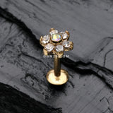 Detail View 1 of Golden Brilliant Sparkle Flower Top Internally Threaded Steel Labret-Clear Gem/Aurora Borealis