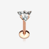 Rose Gold Triangle Gem Sparkle Prong Set Top Internally Threaded Steel Labret-Clear Gem