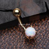 Detail View 2 of Golden Fire Opal Prong Set Basic Belly Button Ring-White Opal