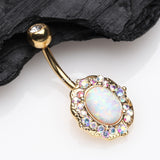 Detail View 2 of Golden Victorian Fire Opal Florid Sparkle Belly Button Ring-White Opal/Aurora Borealis