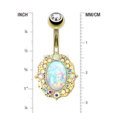 Detail View 1 of Golden Victorian Fire Opal Florid Sparkle Belly Button Ring-White Opal/Aurora Borealis
