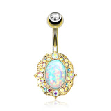 Golden Victorian Fire Opal Florid Sparkle Belly Button Ring-White Opal/Aurora Borealis