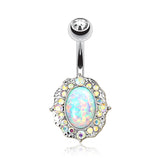 Victorian Fire Opal Florid Sparkle Belly Button Ring-White Opal/Aurora Borealis