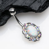 Detail View 2 of Victorian Fire Opal Florid Sparkle Belly Button Ring-White Opal/Aurora Borealis