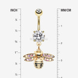 Detail View 1 of Golden Honey Bee Sparkle Dangle Belly Button Ring-Clear Gem