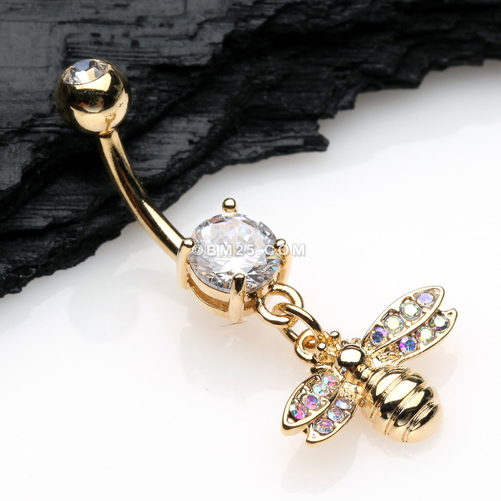 Detail View 2 of Golden Honey Bee Sparkle Dangle Belly Button Ring-Clear Gem