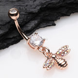 Detail View 2 of Rose Gold Honey Bee Sparkle Dangle Belly Button Ring-Clear Gem