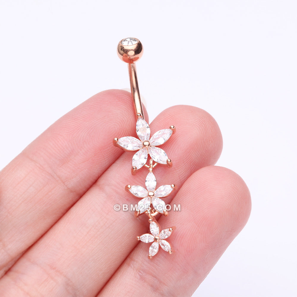 Detail View 3 of Rose Gold Grand Sparkle Triple Marquise Sparkle Belly Button Ring-Clear Gem