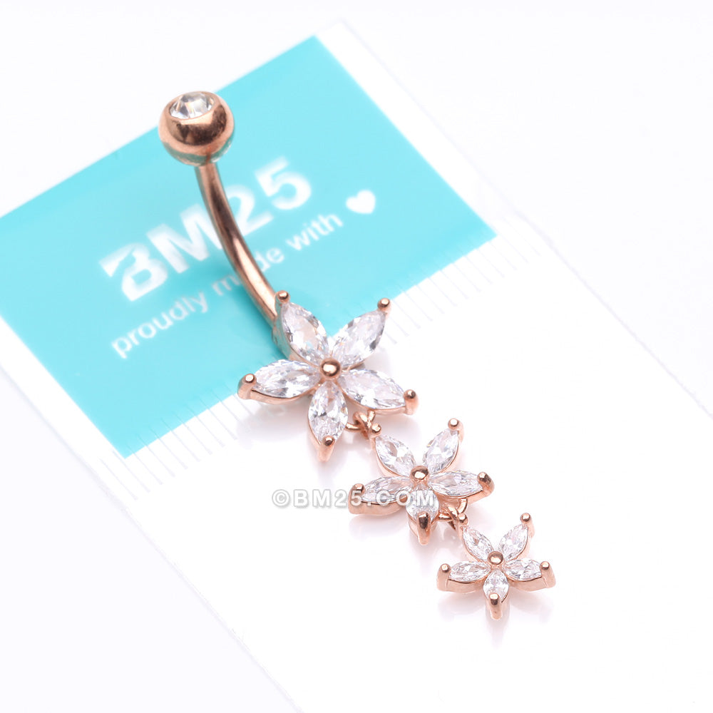 Detail View 4 of Rose Gold Grand Sparkle Triple Marquise Sparkle Belly Button Ring-Clear Gem