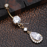 Detail View 2 of Golden Brilliant Teardrop Lux Sparkle Dangle Belly Button Ring-Clear Gem