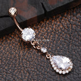 Detail View 2 of Rose Gold Brilliant Teardrop Lux Sparkle Dangle Belly Button Ring-Clear Gem