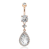 Rose Gold Brilliant Teardrop Lux Sparkle Dangle Belly Button Ring-Clear Gem