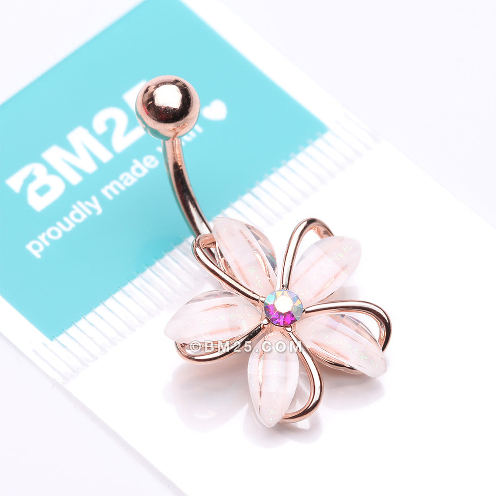 Detail View 4 of Rose Gold Sparkle Frosted Flower Shimmer Belly Button Ring-Clear Gem