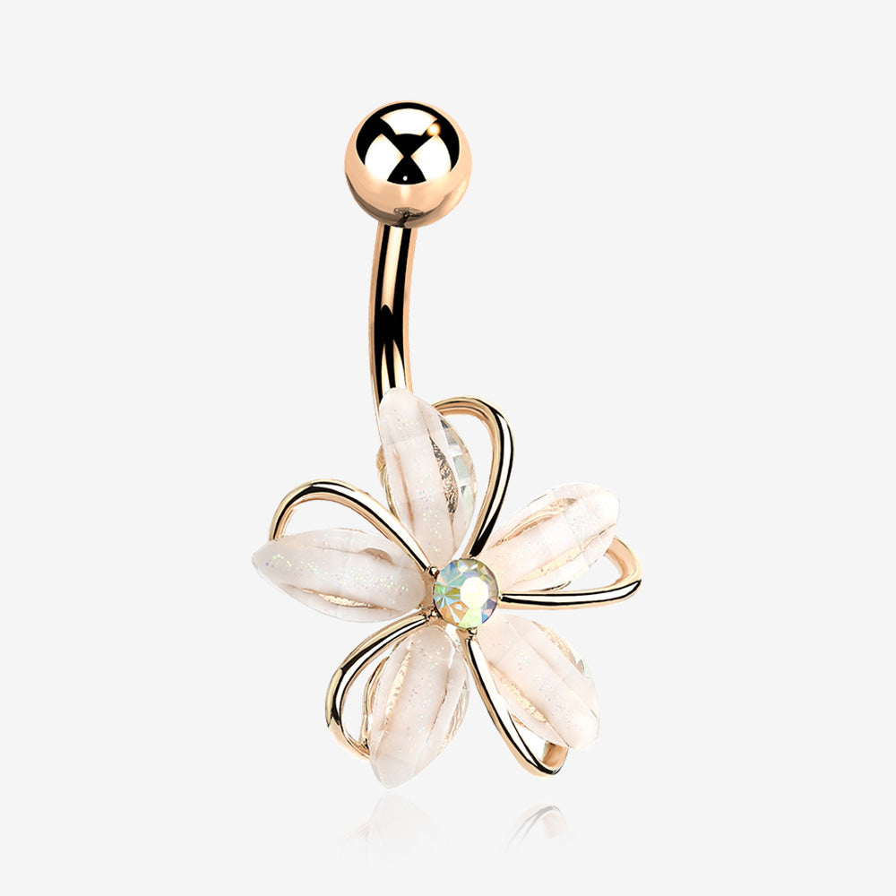 Rose Gold Sparkle Frosted Flower Shimmer Belly Button Ring-Clear Gem