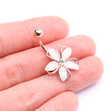 Detail View 3 of Rose Gold Sparkle Frosted Flower Shimmer Belly Button Ring-Clear Gem