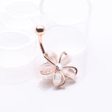 Detail View 2 of Rose Gold Sparkle Frosted Flower Shimmer Belly Button Ring-Clear Gem
