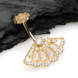 Detail View 2 of Golden Majestic Fan Brilliant Sparkle Internally Threaded Belly Button Ring-Clear Gem