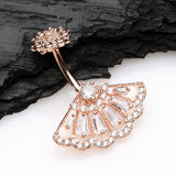 Detail View 2 of Rose Gold Majestic Fan Brilliant Sparkle Internally Threaded Belly Button Ring-Clear Gem