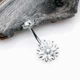 Detail View 2 of Marquise Sparkle Flower Internally Threaded Belly Button Ring-Clear Gem