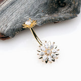 Detail View 2 of Golden Marquise Sparkle Flower Internally Threaded Belly Button Ring-Clear Gem