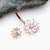 Detail View 3 of Rose Gold Marquise Sparkle Flower Internally Threaded Belly Button Ring-Clear Gem