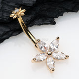 Detail View 2 of Golden Brilliant Marquise Spring Flower Sparkle Internally Threaded Belly Button Ring-Clear Gem