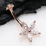 Detail View 2 of Rose Gold Brilliant Marquise Spring Flower Sparkle Internally Threaded Belly Button Ring-Clear Gem