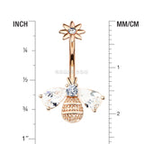 Detail View 1 of Rose Gold Flower Sparkle Honey Bee Internally Threaded Belly Button Ring-Clear Gem