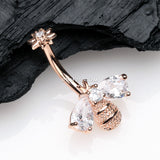 Detail View 2 of Rose Gold Flower Sparkle Honey Bee Internally Threaded Belly Button Ring-Clear Gem