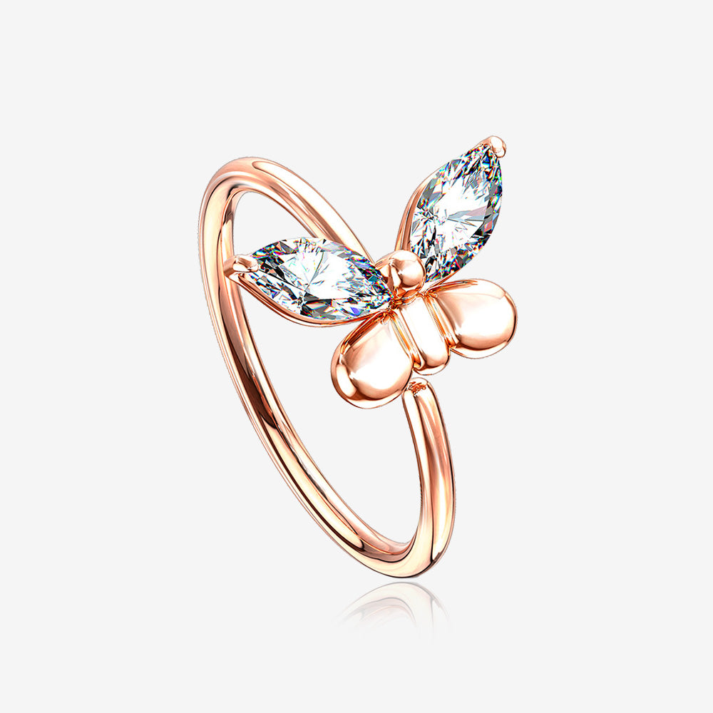 Rose Gold Butterfly Marquise Sparkle Bendable Hoop Ring-Clear Gem