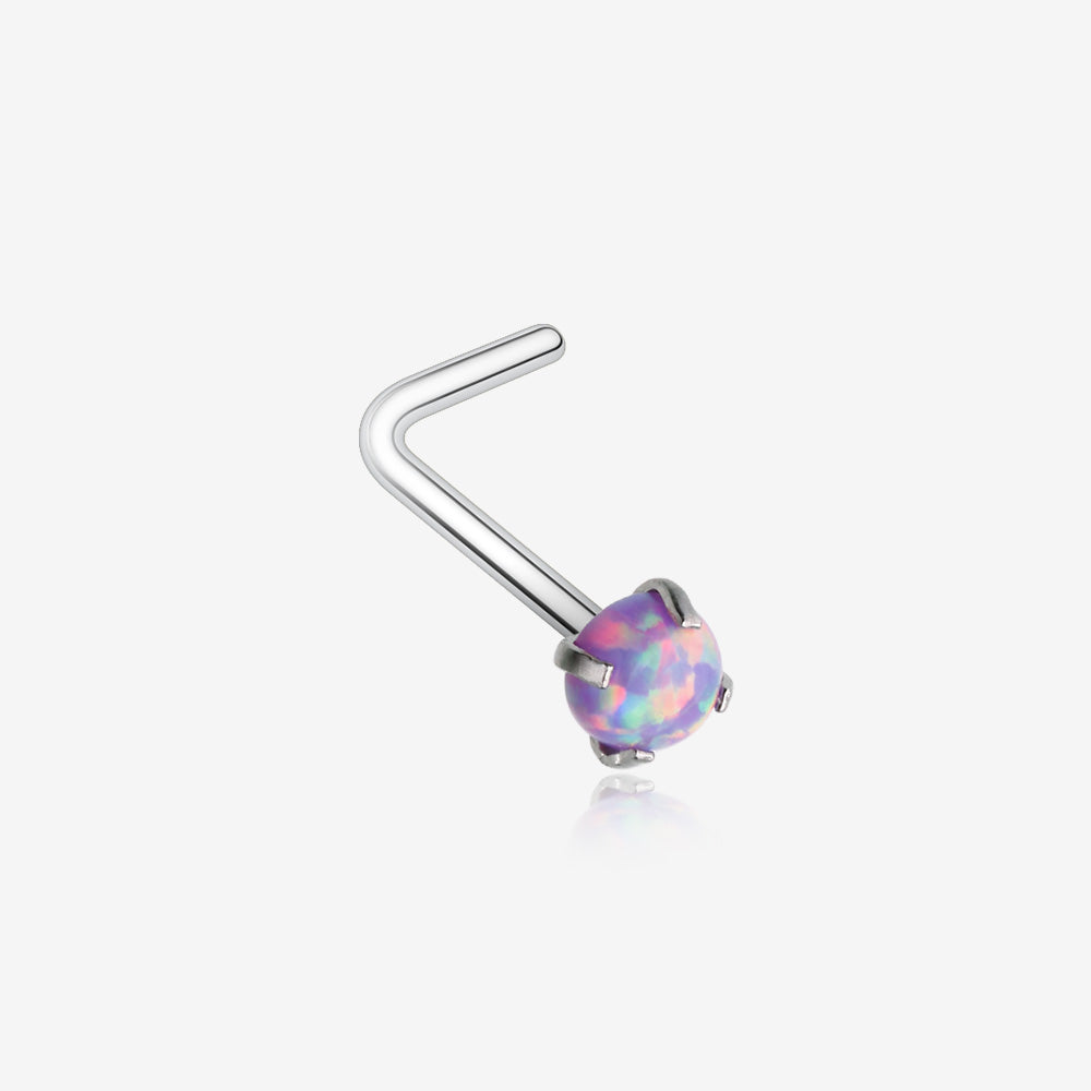 Fire Opal Sparkle Prong Set L-Shaped Nose Ring-Purple Opal