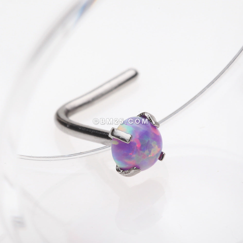Detail View 2 of Fire Opal Sparkle Prong Set L-Shaped Nose Ring-Purple Opal