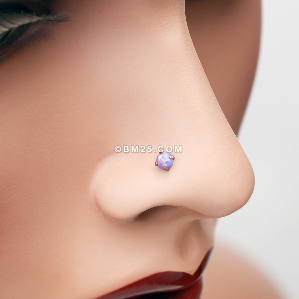 Detail View 1 of Fire Opal Sparkle Prong Set L-Shaped Nose Ring-Purple Opal